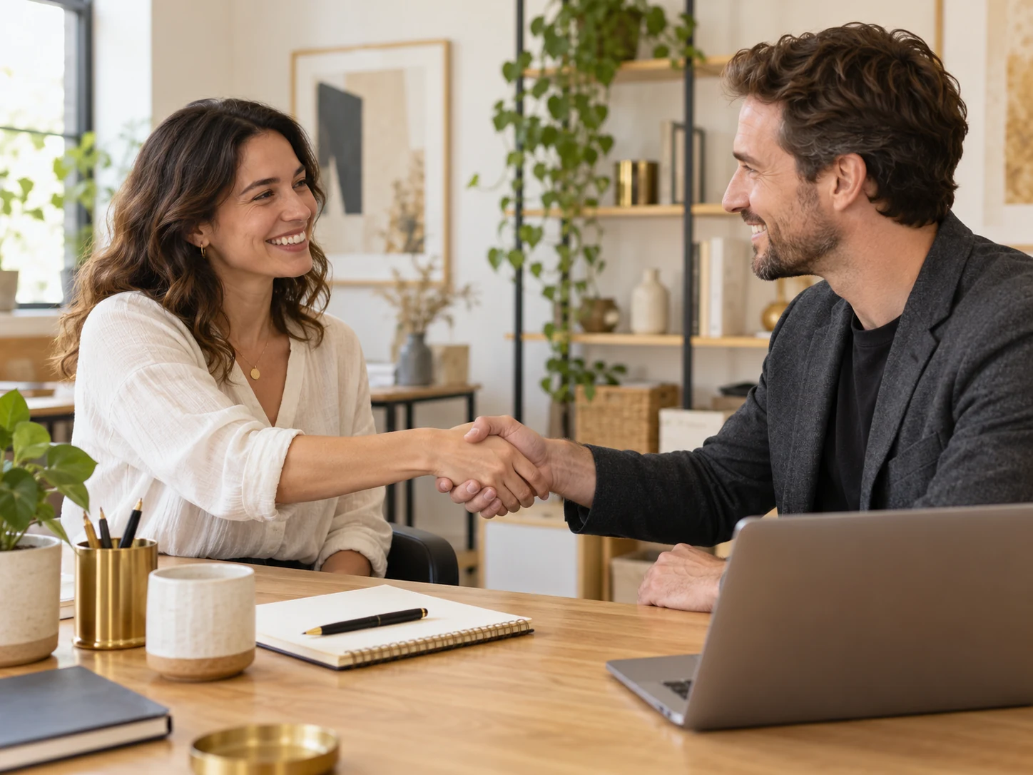 Illustrative scene of a woman and man shaking hands at a business meeting
