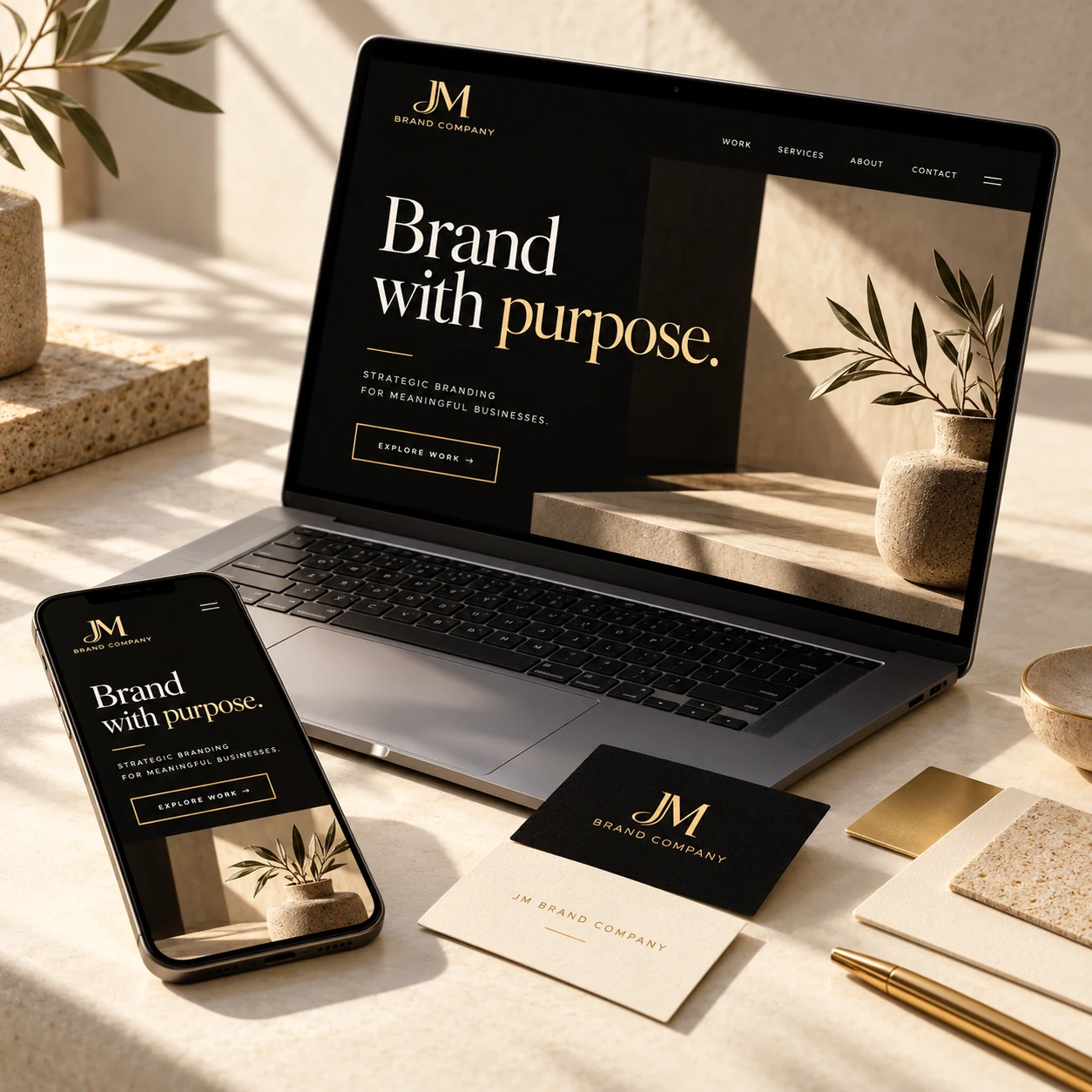 JM Brand Company website and matching brand concept shown on a laptop, phone, and business cards